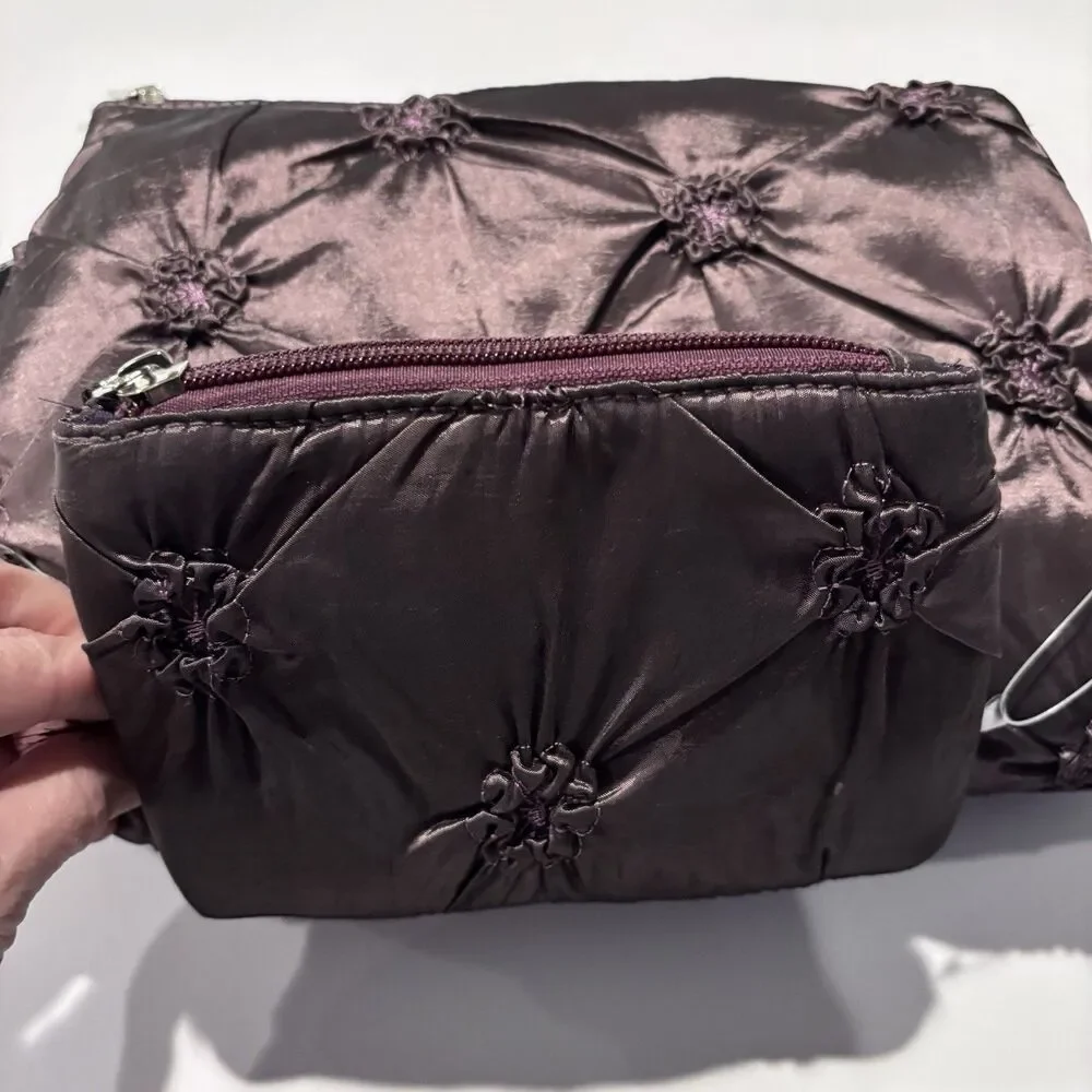 Purple Satin Pintuck Cosmetic Makeup Travel Bag Set 2 Pieces Tassel Zipper NWOT
